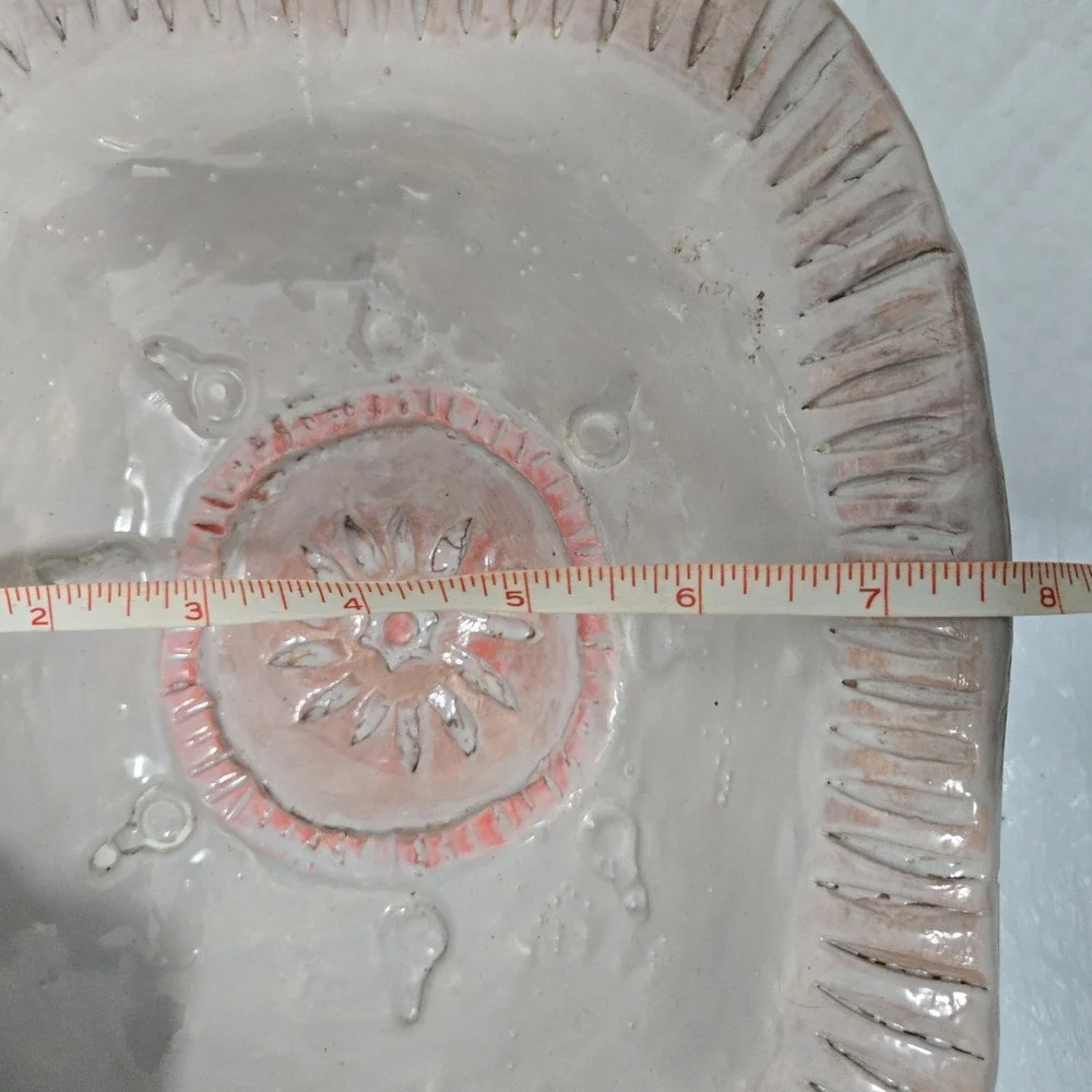Handmade Studio Pottery Square Platter Bowl Pink Sunburst Flower 9